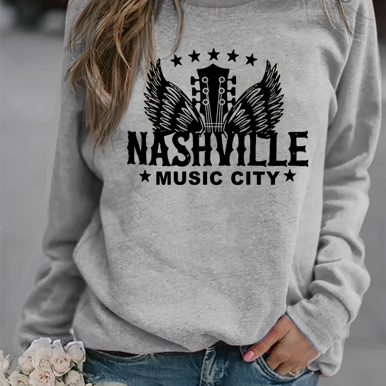 Nashville Music City Print Sweatshirt Long Sleeve Crew Neck