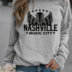 Nashville Music City Print Sweatshirt Long Sleeve Crew Neck
