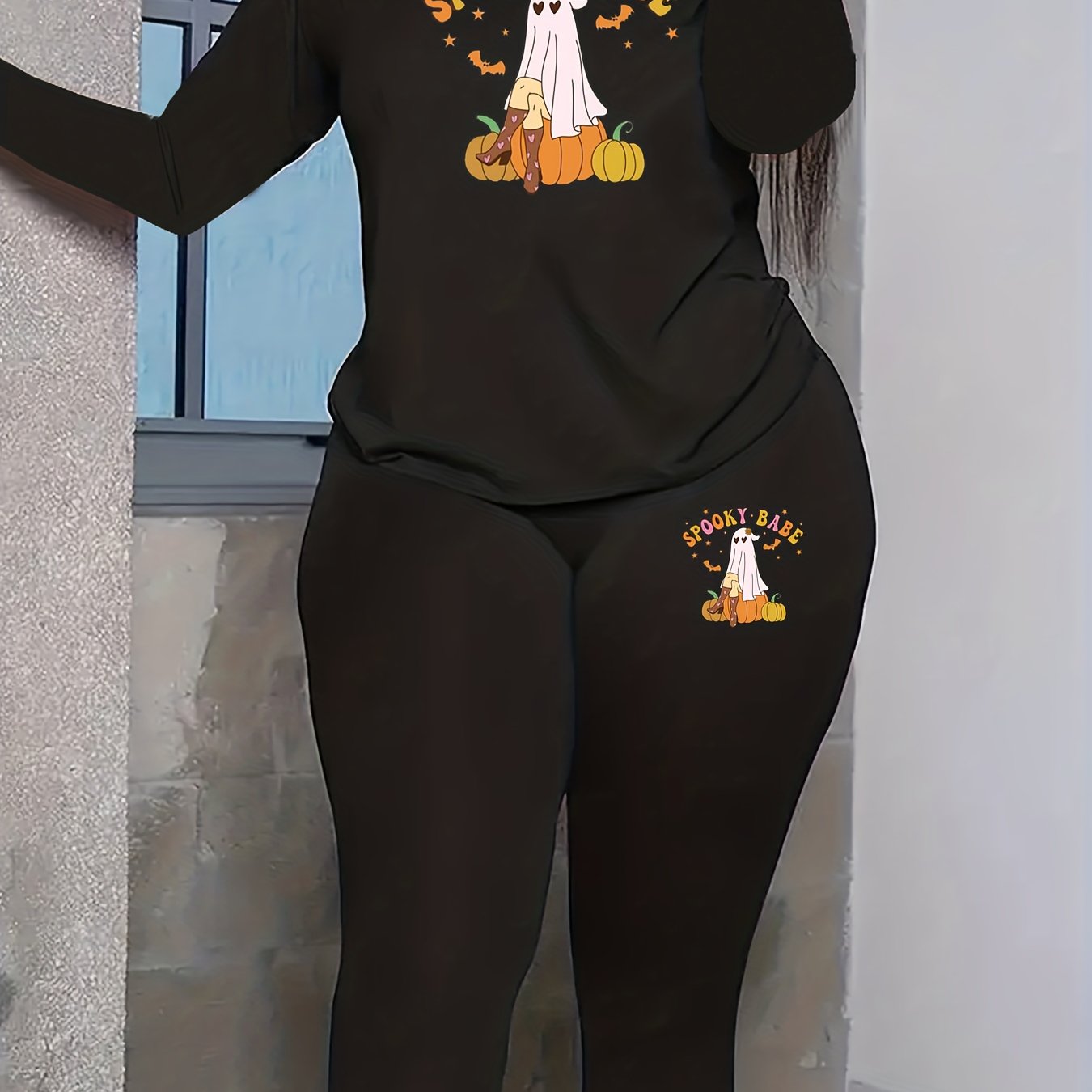 Women's Ghost & Pumpkin Print Top & Leggings Set