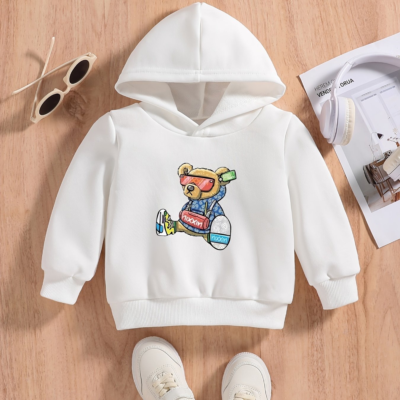 Bear & Letter Print Baby's Casual Hooded Sweatshirt