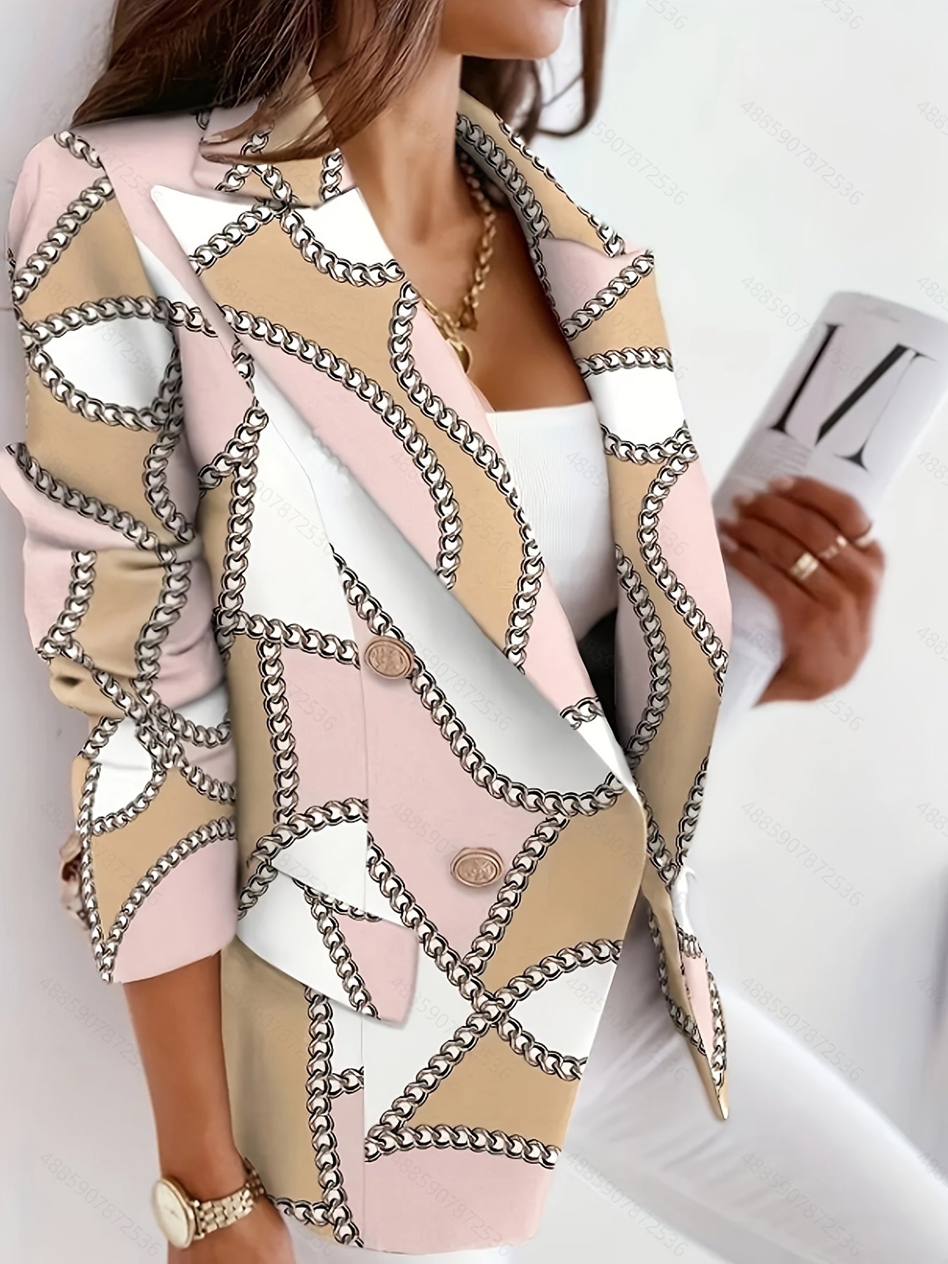 Chain Print Double Breasted Long Sleeve Blazer