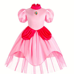 Girls Princess Dress Puff Sleeve Tulle Ruffle Cosplay Performance Dress