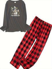 Snowman & Birds Print Lounge Set - Plaid Pants Pajamas 2 Piece