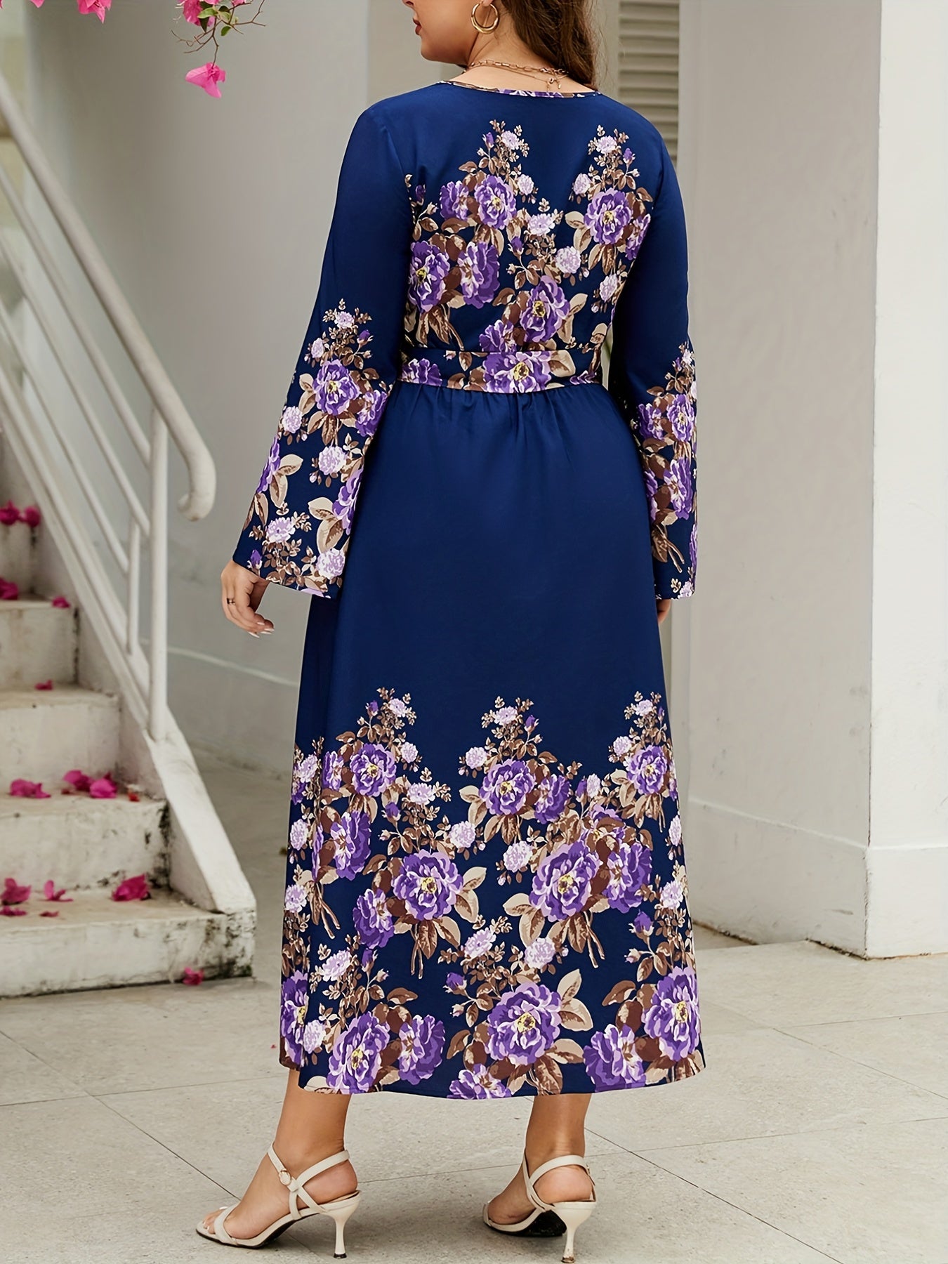 Floral Print Bell Sleeve Plus Size Maxi Dress With Belt