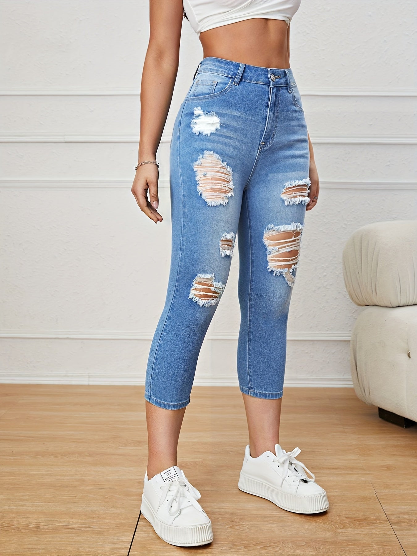 Ripped Holes Skinny Jeans Slim Fit Slash Pockets Slight Stretch