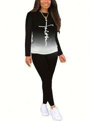Women's Plus Ombre & Cross Print Tee & Pants 2 Piece Set