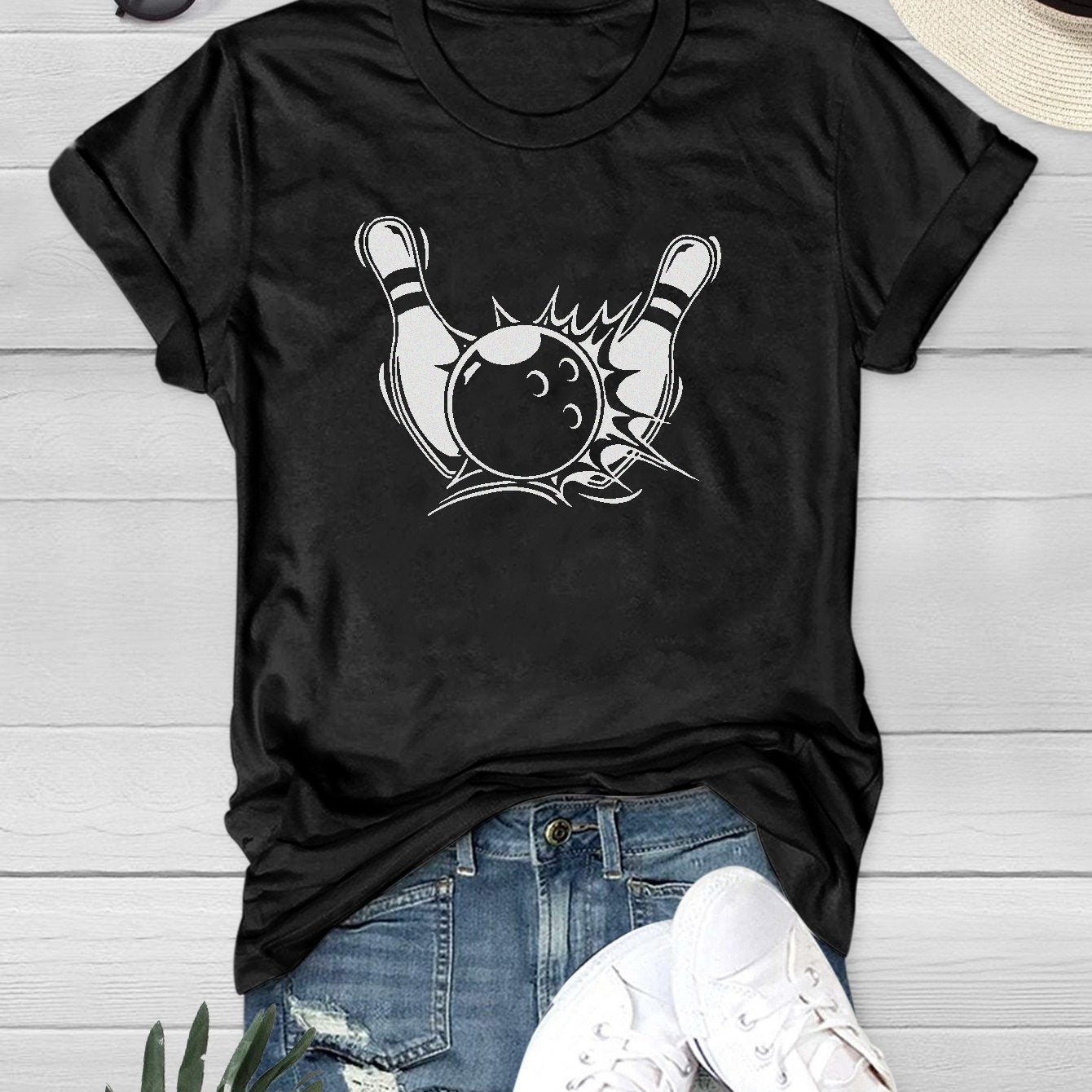 Bowling Printed Short Sleeve T-shirts Crew Neck Summer Top