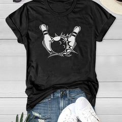Bowling Printed Short Sleeve T-shirts Crew Neck Summer Top