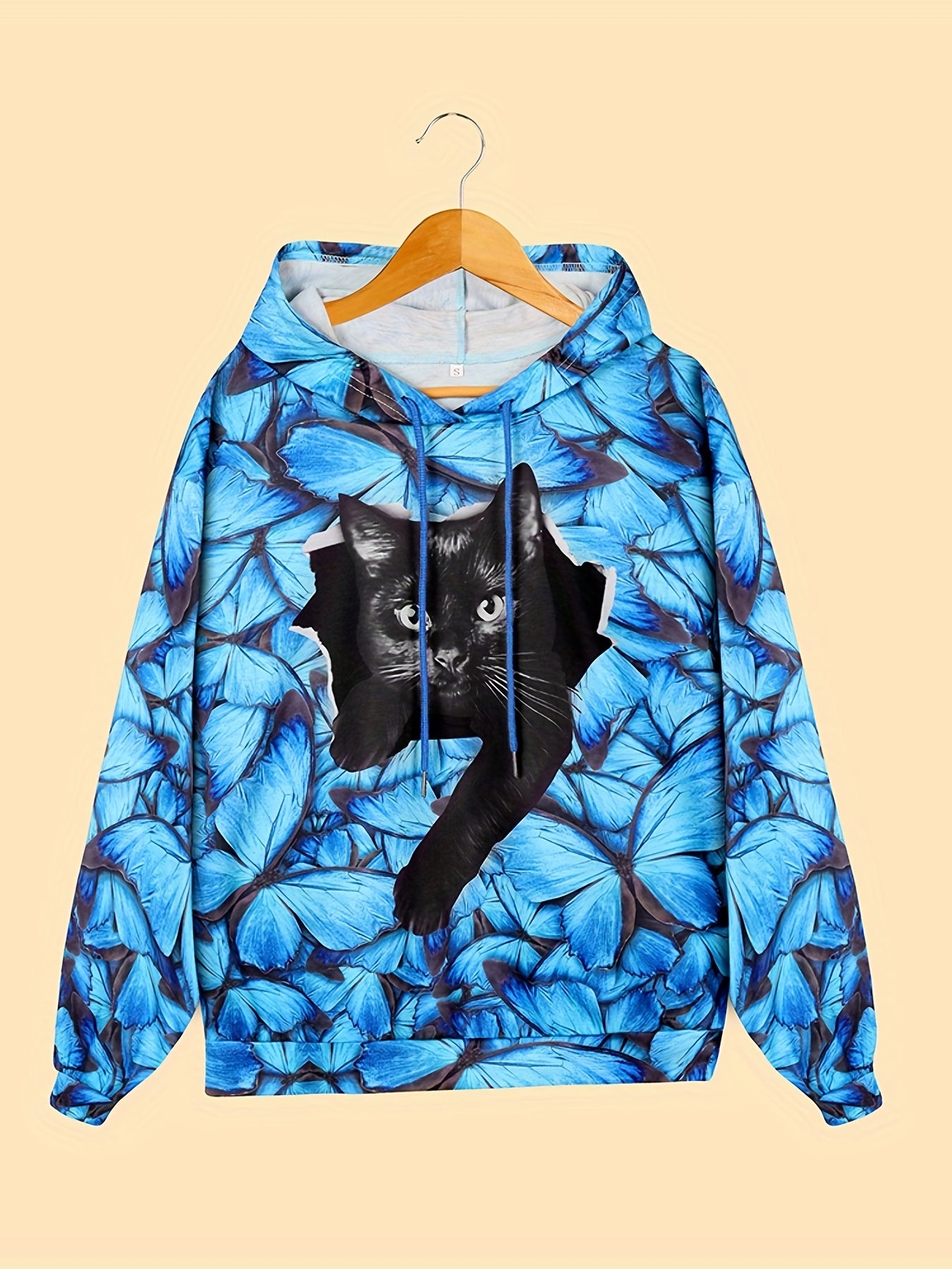 Cat & Butterfly Hooded Sport Sweatshirt Women's Tops