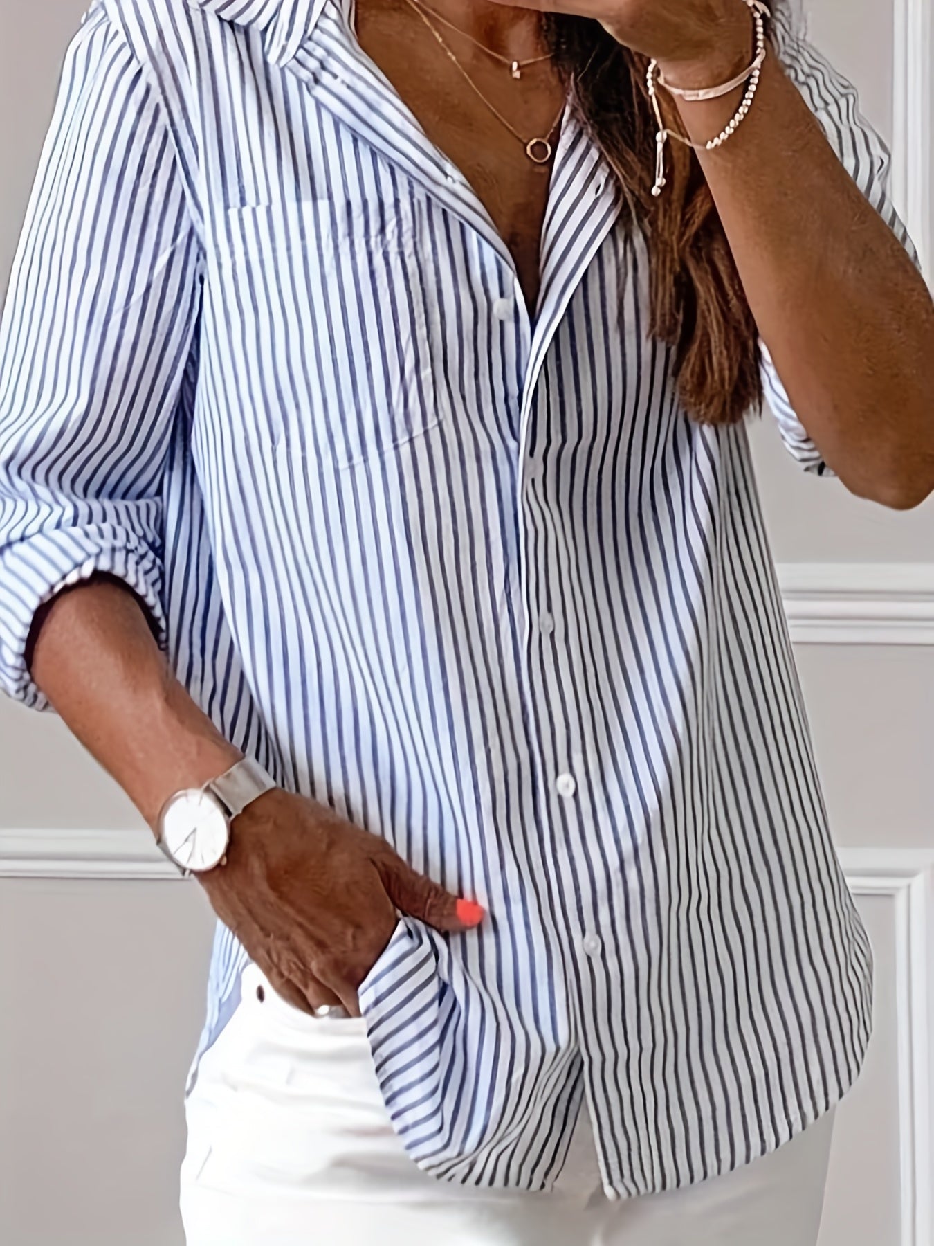 Stripe Print Button Up Long Sleeve Blouse