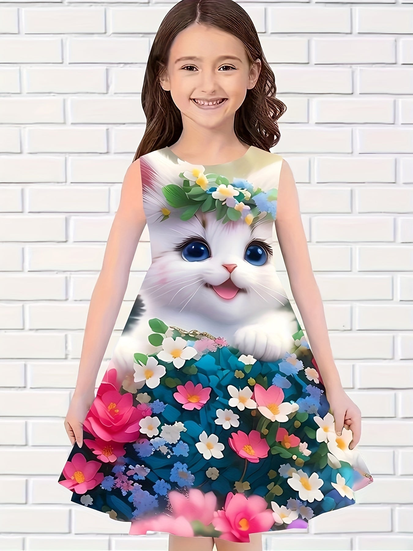 Girls Kitty & Flower Sleeveless Dress Comfy Summer Outdoor