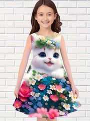 Girls Kitty & Flower Sleeveless Dress Comfy Summer Outdoor