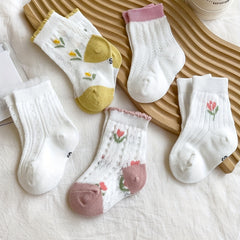 5 Pairs Small Flower Summer Thin Knee Socks for Baby and Child