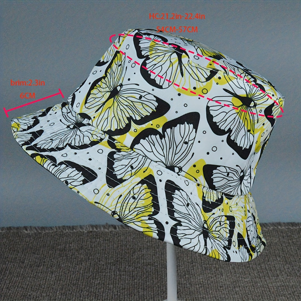 Yellow Butterfly Print Bucket Hat Reversible Wear Foldable Sun Protection