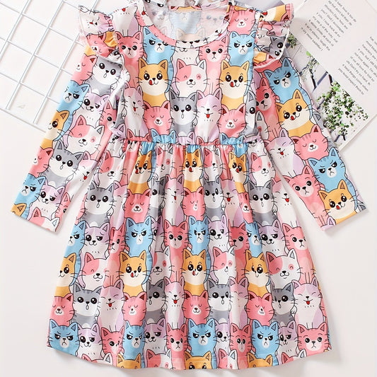 Girls Kitty Ruffle Long Sleeve Dress for Spring and Autumn