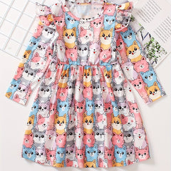 Girls Kitty Ruffle Long Sleeve Dress for Spring and Autumn