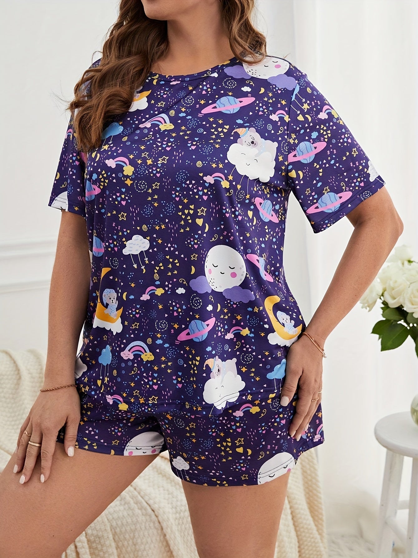Pajamas Set Women's Plus Cartoon Print Tee & Shorts Lounge Set