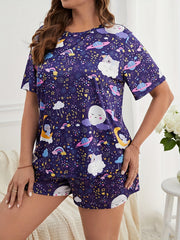 Pajamas Set Women's Plus Cartoon Print Tee & Shorts Lounge Set