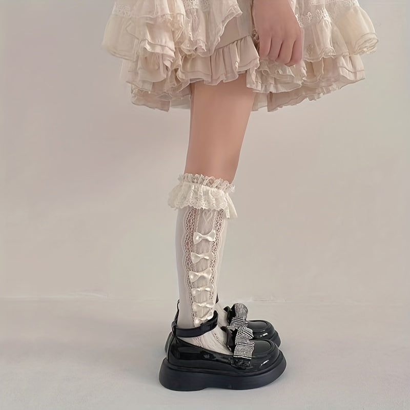 Y2K Lace Bow High Socks for Girls