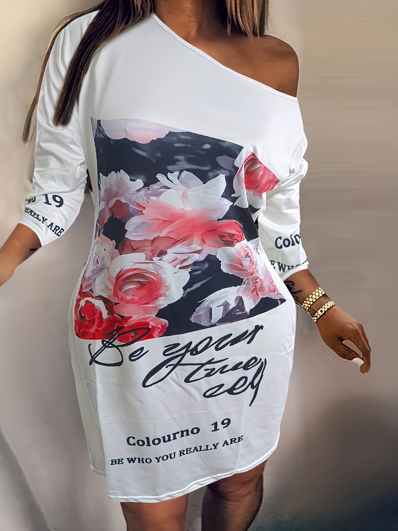 Graphic Print One Shoulder Tee Dress Women's Plus Casual Dress