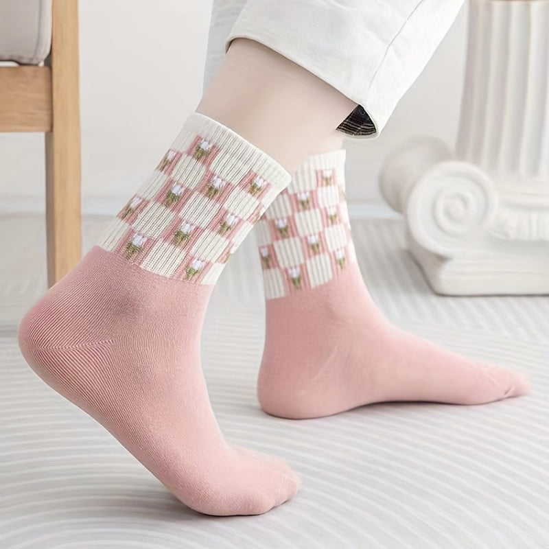 5 Pairs Women's Floral & Heart Print Mid Tube Socks