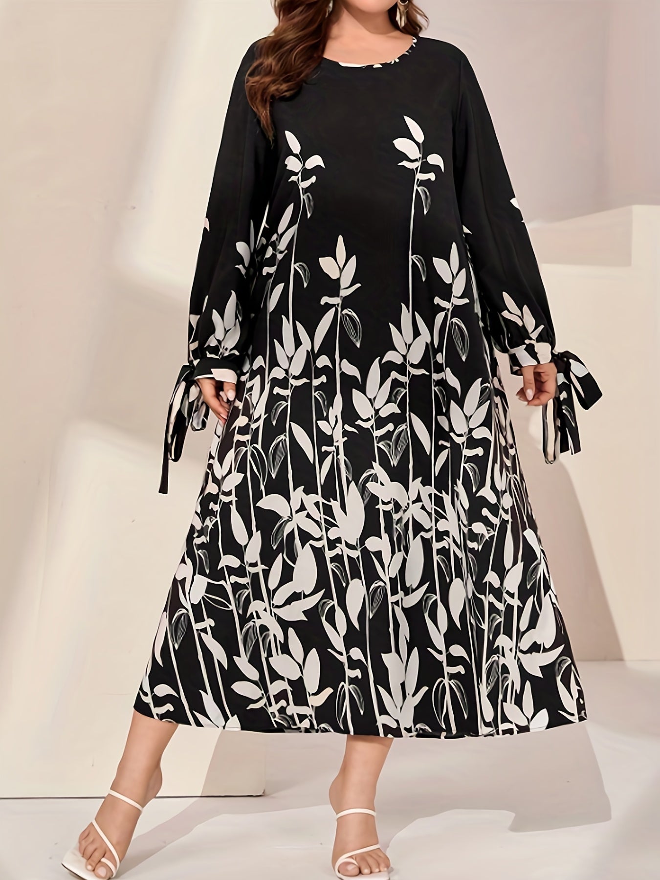 Colorblock Floral Print Round Neck Pleated Dress