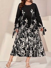 Colorblock Floral Print Round Neck Pleated Dress