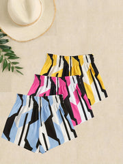 Geometric Print 3-Pack Shorts Women's Casual Elastic Waist Lace Up