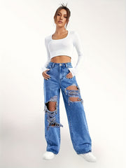 Distressed High Rise Wide Leg Jeans Loose Fit