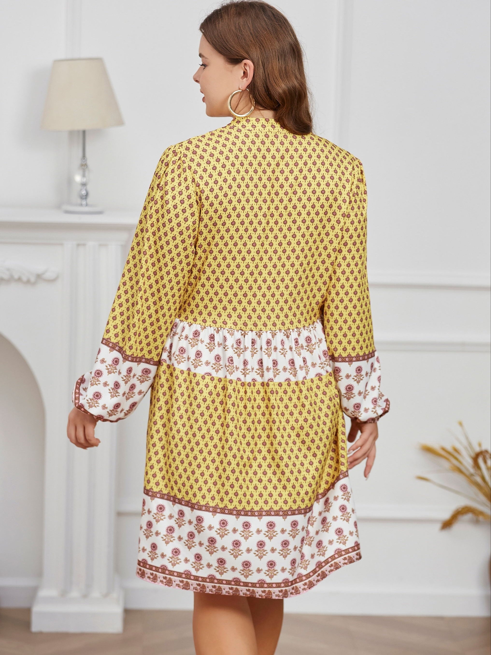 Boho Dress Women's Plus Colorblock Floral Print Long Sleeve V Neck