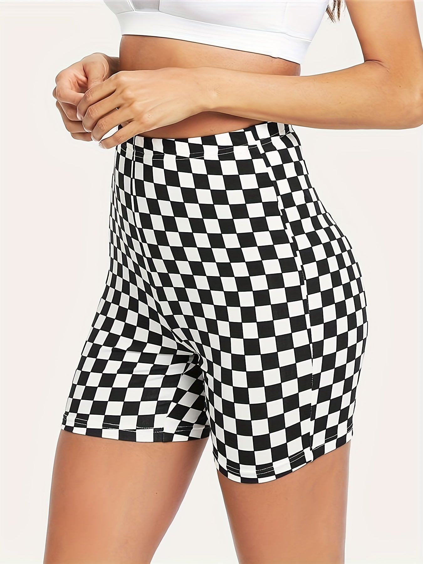 Checkerboard Print Yoga Shorts High Waist Sports Fitness Activewear