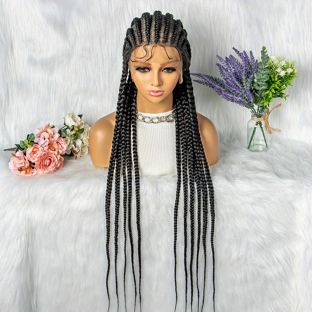 Stylish 91 Cm Full Lace Braided Wig With Baby Hair Synthetic Material 11 Braids