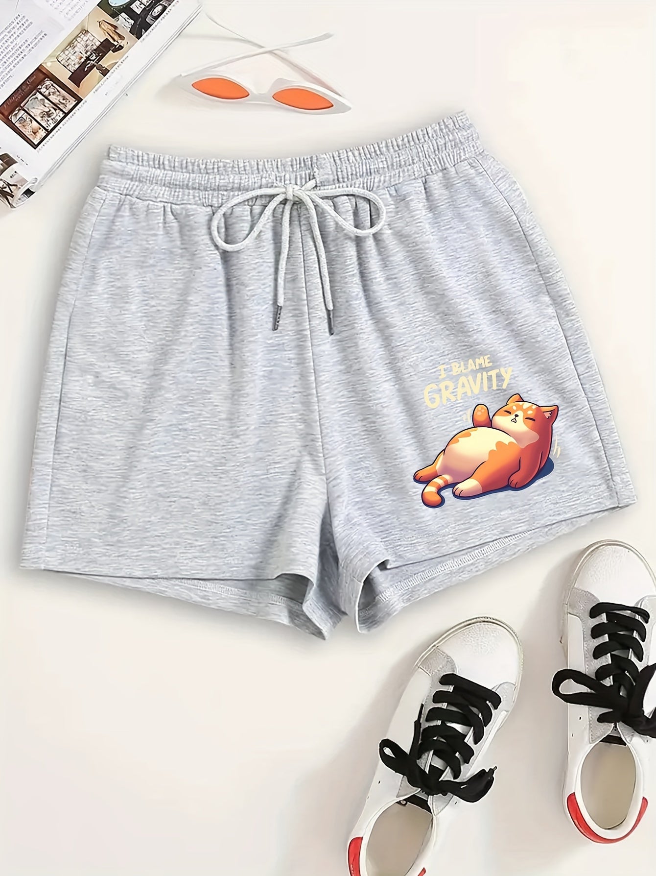 Cartoon Cat Print Elastic Waist Home Wear Shorts
