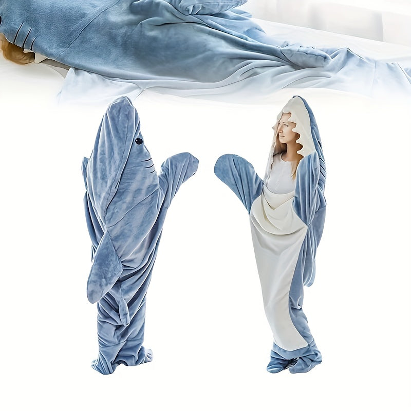 Shark Cartoon Sleeping Bag Soft Flannel Hoodie Wearable Blanket