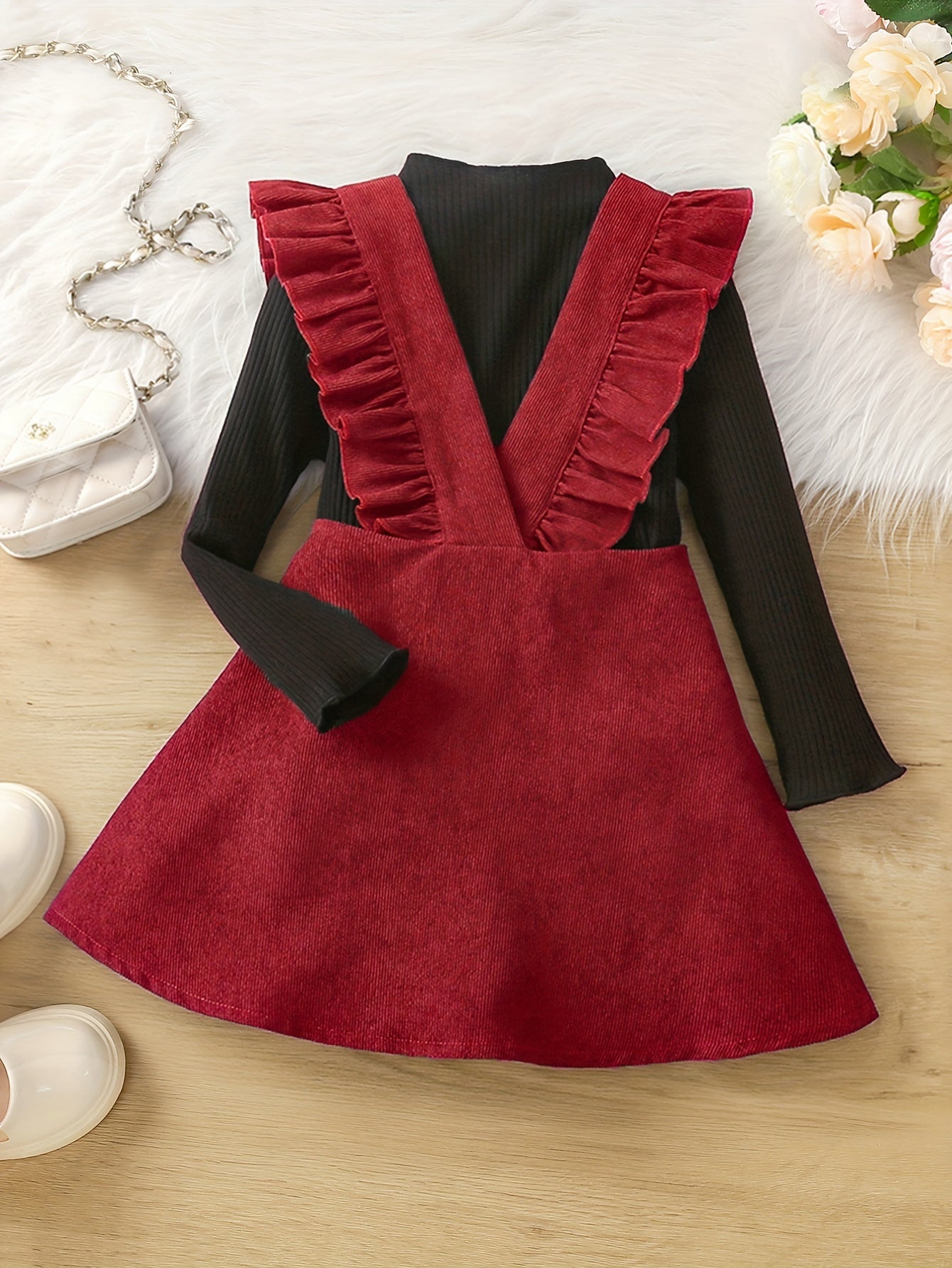 Girl's Preppy Style 2pcs Ribbed Top & Corduroy Overall Skirt Set