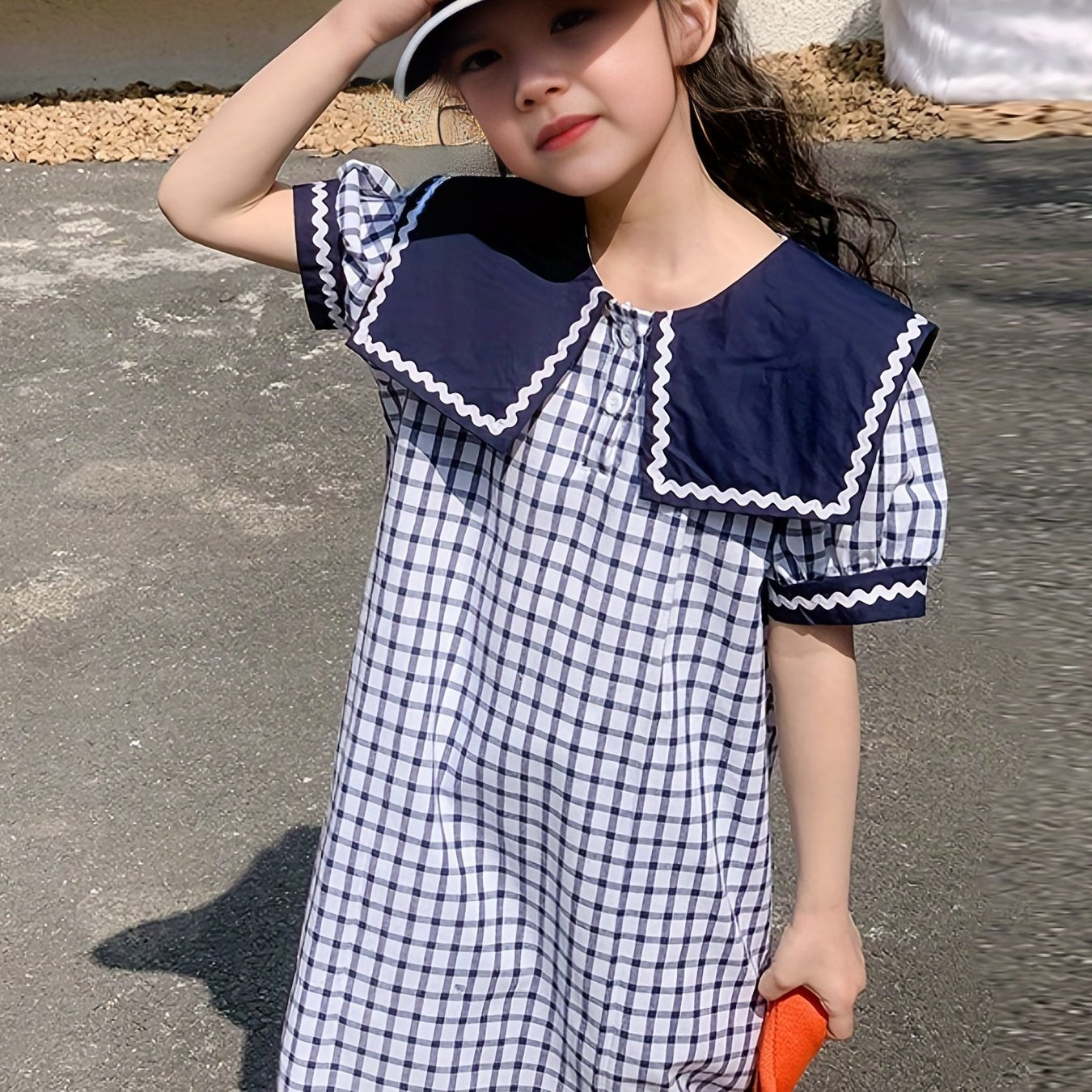 Girl's Plaid Princess Dress Puff Sleeve Button Up Summer Clothing