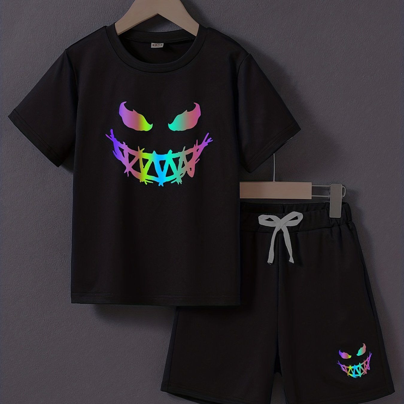 Boys Happy Face Print T-shirt & Shorts Set Summer Outfit