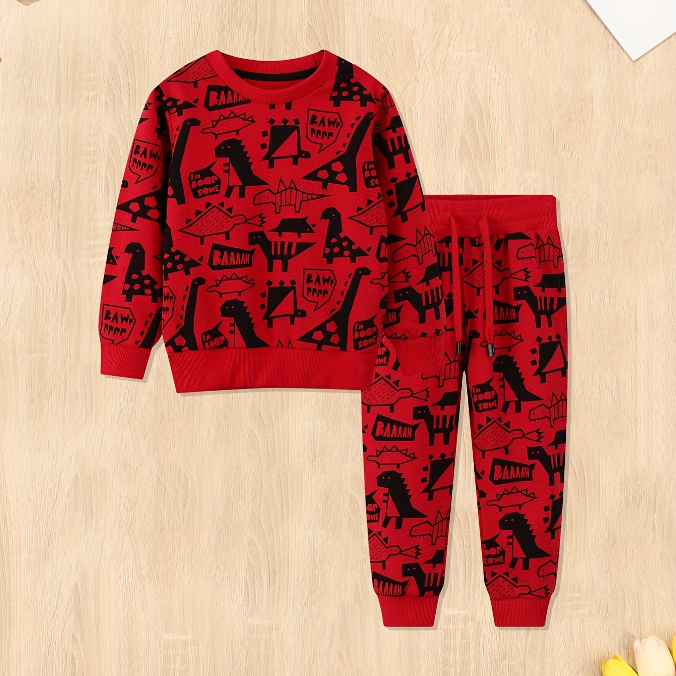 Boy's Dino Pattern Sweatshirt & Sweatpants Set For Spring Fall Winter