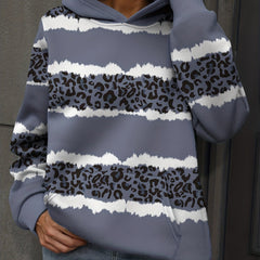 Leopard & Striped Kangaroo Pocket Hoodie Women's Sweatshirt