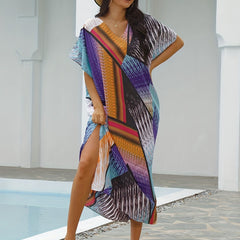 Boho Cover Up Women's Plus V Neck Geometric Print Short Sleeve