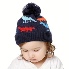 Kids Winter Knit Fleece-Lined Hat With Dinosaur Embroidery