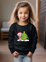 Christmas Girl And Tree Print Sweatshirt Long Sleeve Crew Neck Tops