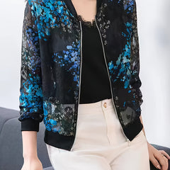 Floral Print Cover Up Shirt Long Sleeves Semi Sheer Zip Front