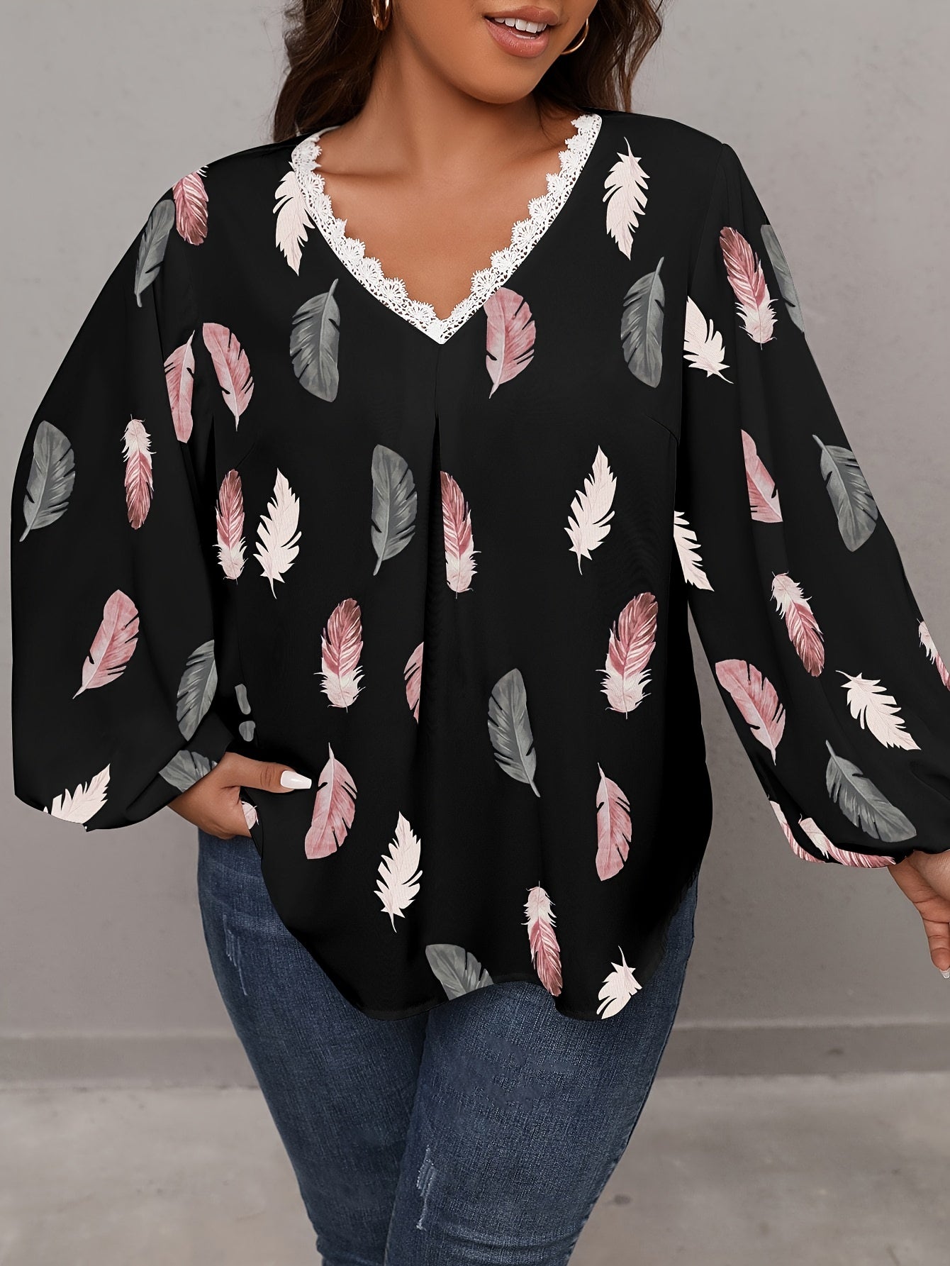 Feather Print Lace Sleeve V Neck Top