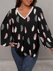 Feather Print Lace Sleeve V Neck Top