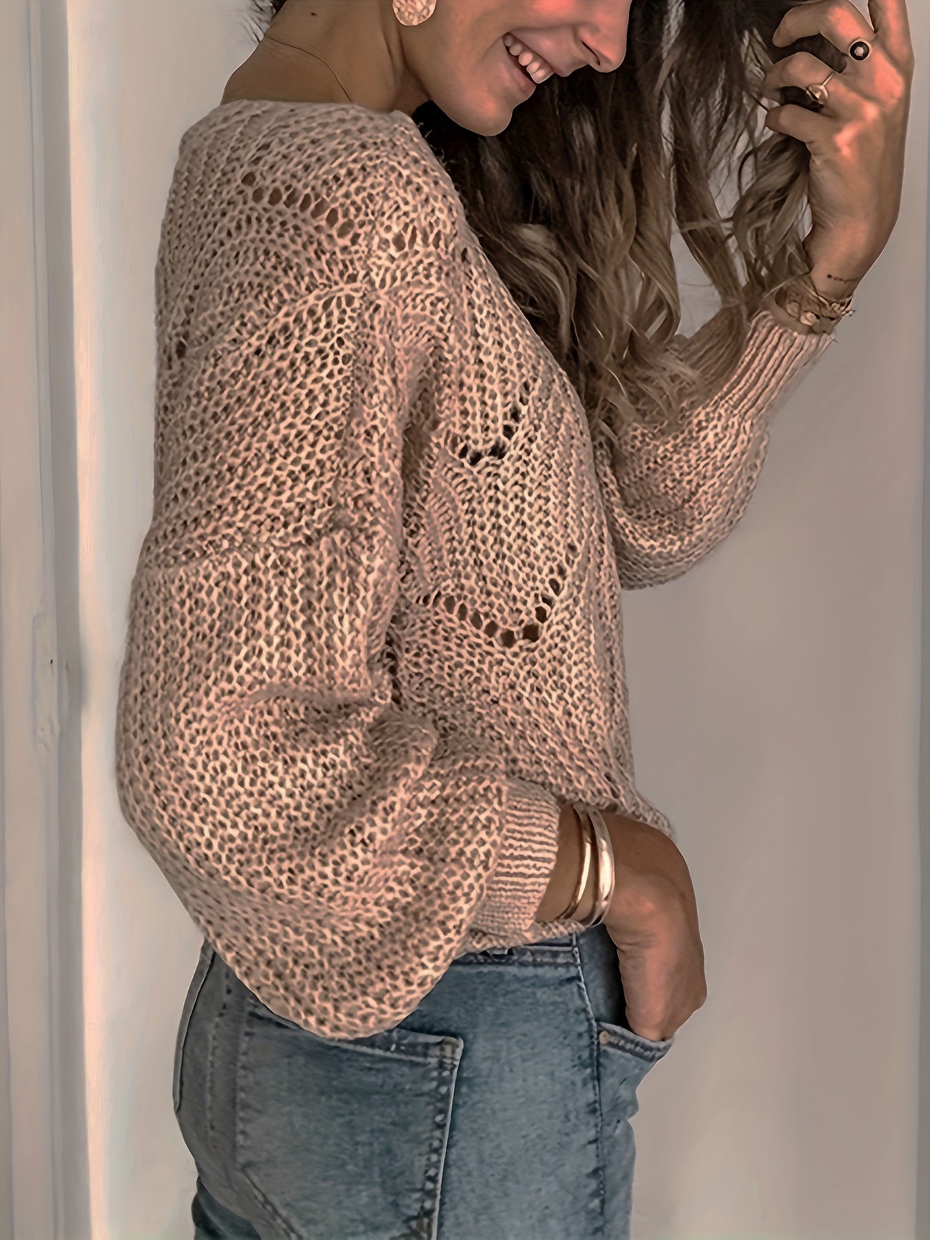 Casual Hollow Out Long Sleeve Plus Size Sweater