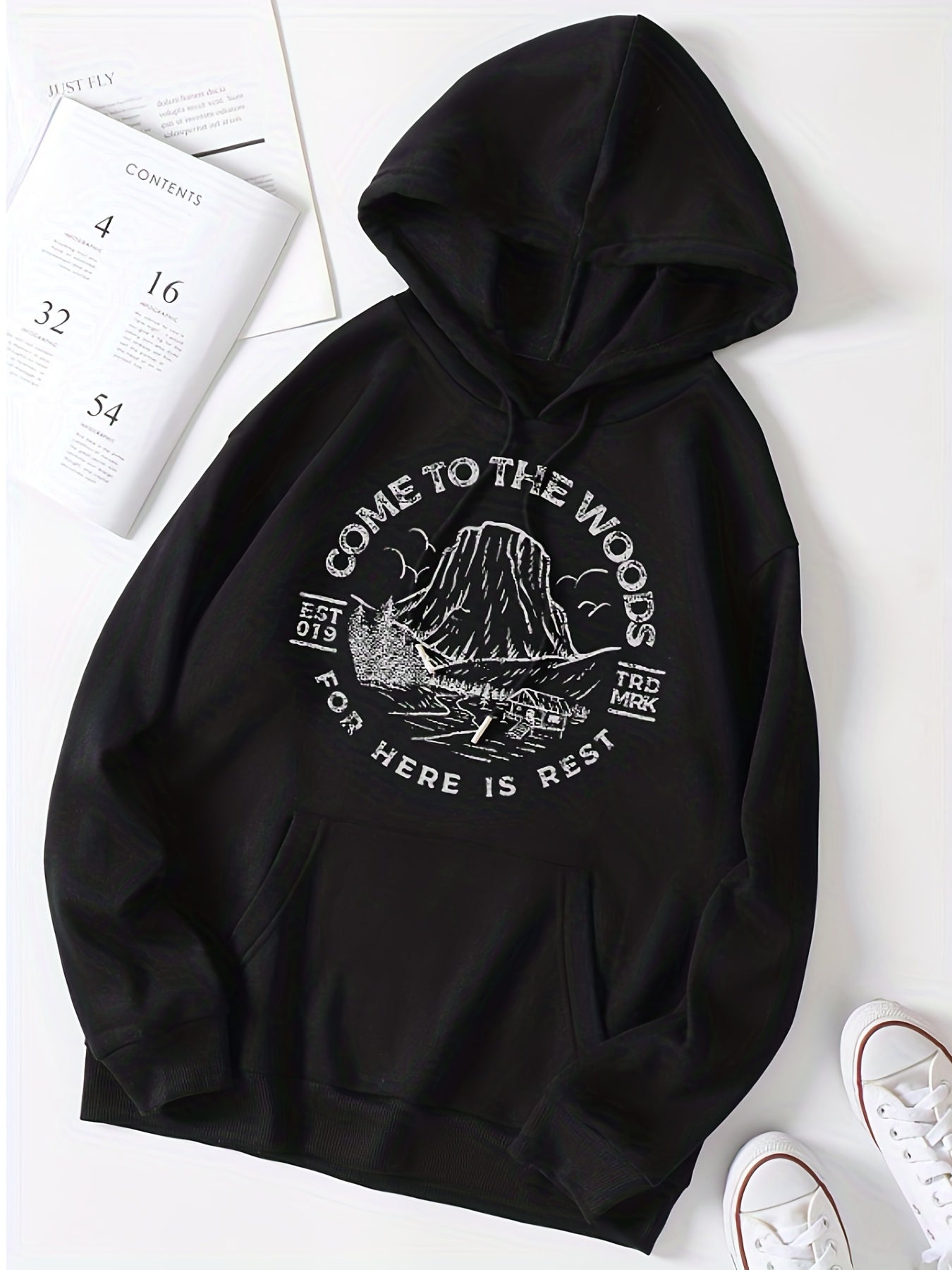 Scenes & Letter Ring Print Hooded Shirt Solid Long Sleeve Sweatshirt