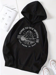 Scenes & Letter Ring Print Hooded Shirt Solid Long Sleeve Sweatshirt