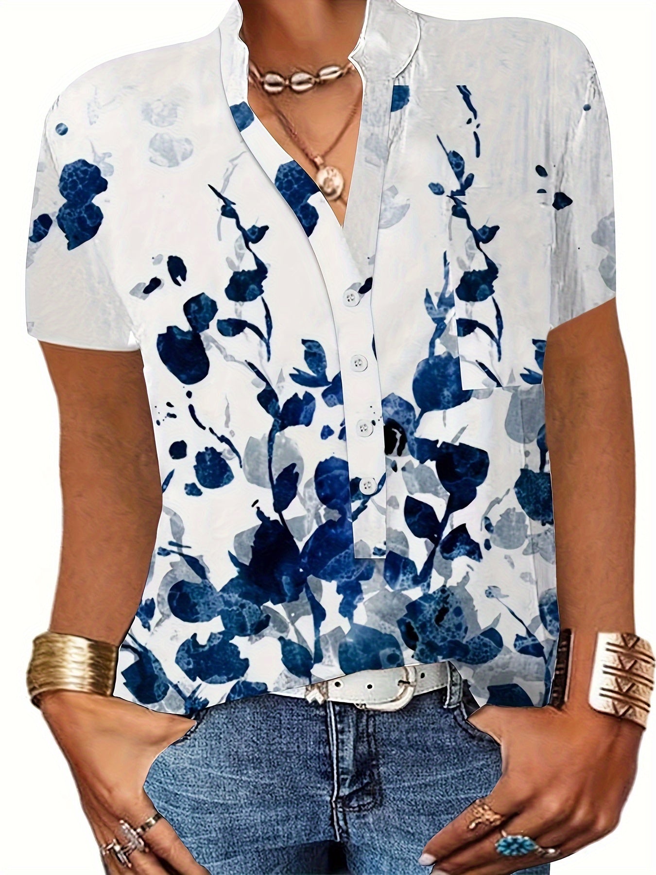 Women's Plus Floral Print Short Sleeve Button Up V Neck Blouse