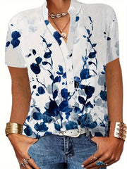 Women's Plus Floral Print Short Sleeve Button Up V Neck Blouse